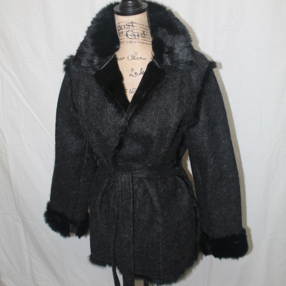 Hugo Buscati Black w/ Grey Rabbit Fur Wrap Coat